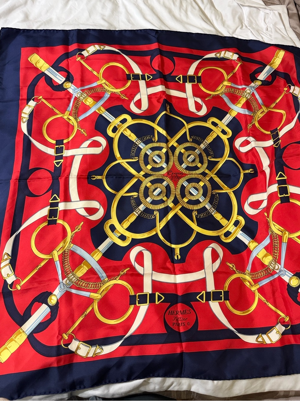 Hermes Red Navy Silk Scarf with Gold Equestrian Motif (final sale)